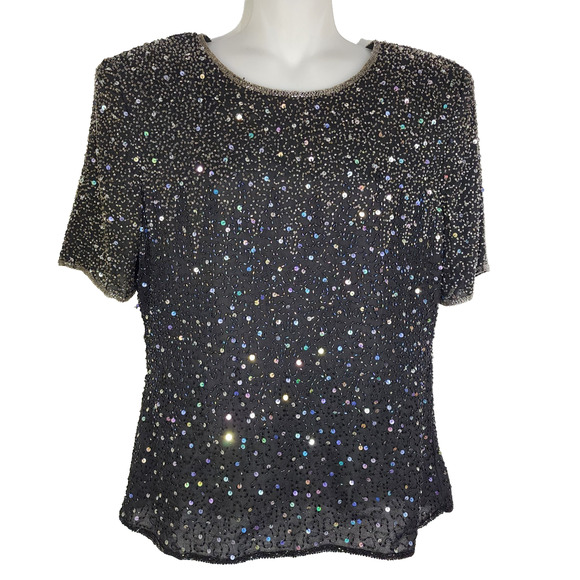Stenay Womens Top Large 100% Silk Beaded Sequins Zip Back Short Sleeve Cocktail - Picture 1 of 12